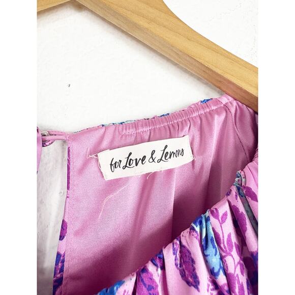 For Love & Lemons Tahiti Ruched Mini Dress Small Purple Floral Satin Cottagecore - Picture 5 of 14